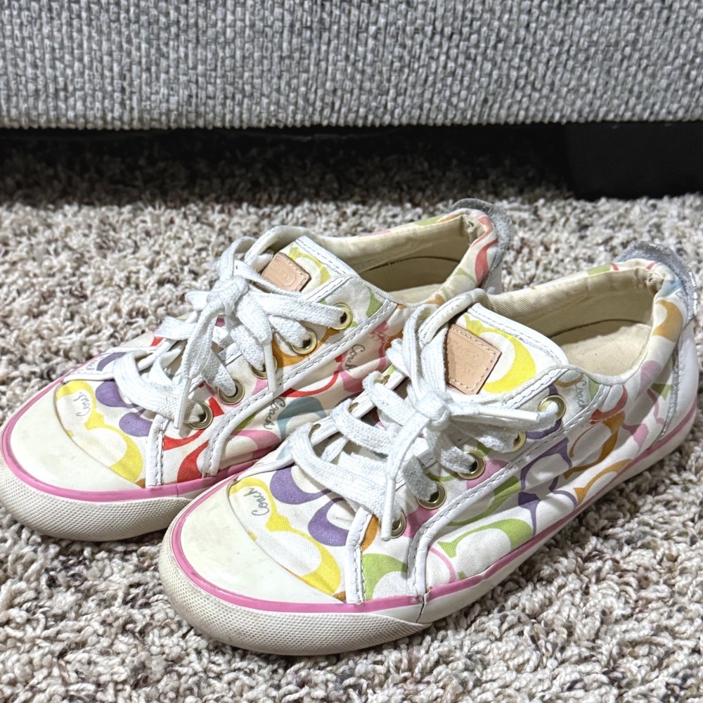 Vintage Coach Barrett Multi Color Signature Monogram Canvas Sneakers Womens 5.5M